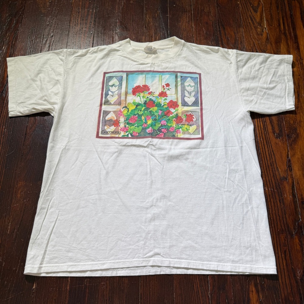 Vintage Germany Graphic Shirt Mens XL White 90s Germany Floral Art Single Stitch